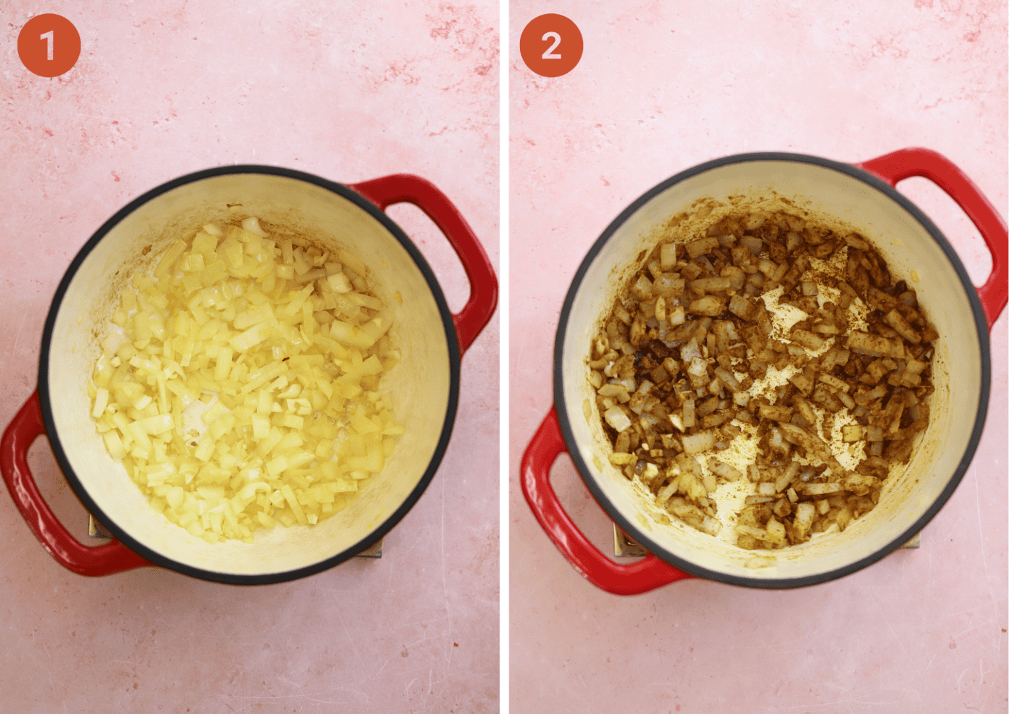 Frying onion, garlic and ginger in a saucepan and (right) with the spices added in.
