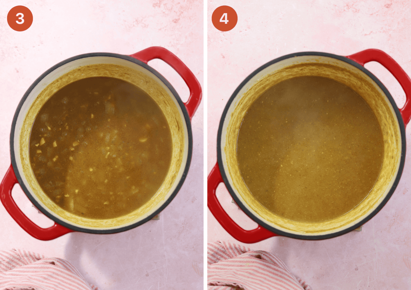 A pan of gluten free curry sauce before and after blending.