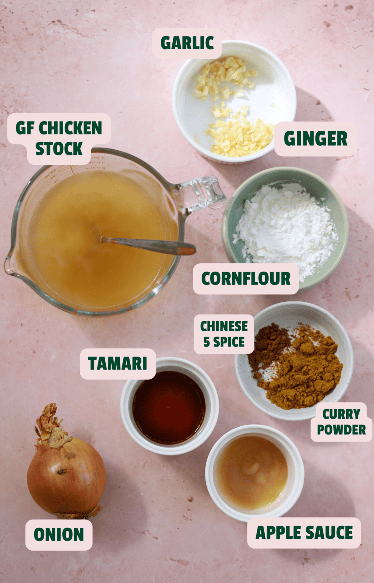 Ingredients for gluten free chip shop curry sauce with text labels.
