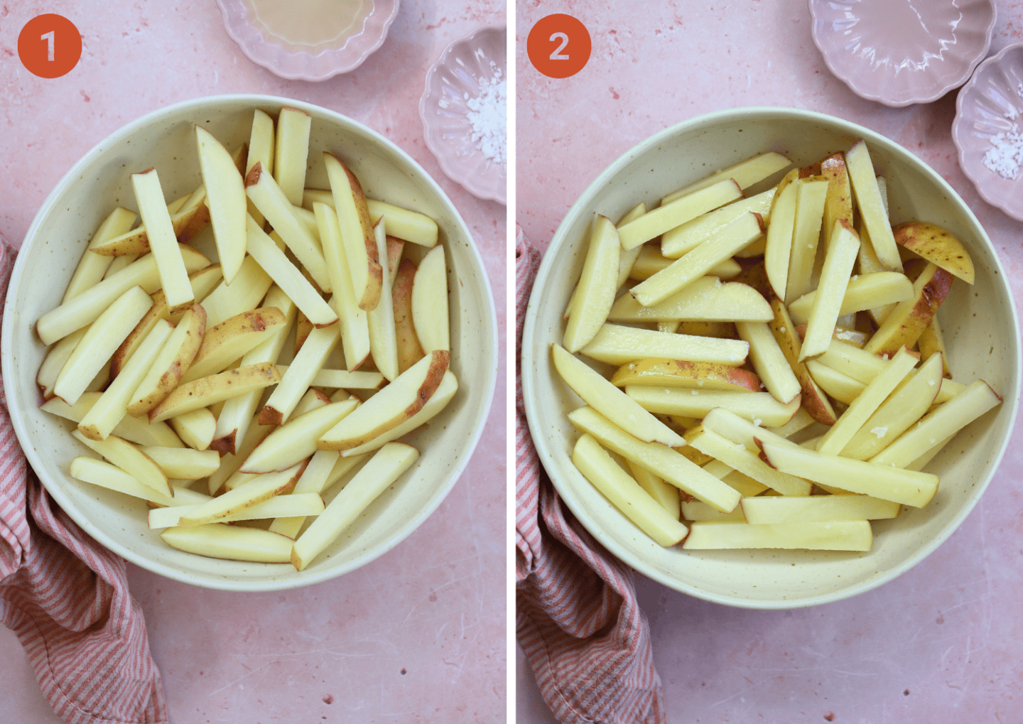 The uncooked potato chips in a bowl before and after coating with oil and salt.