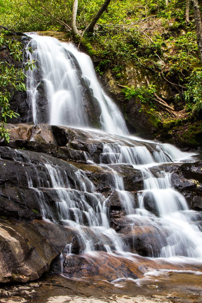 Laurel Falls cascading over rocks in The Great Smoky Mountains National Park.