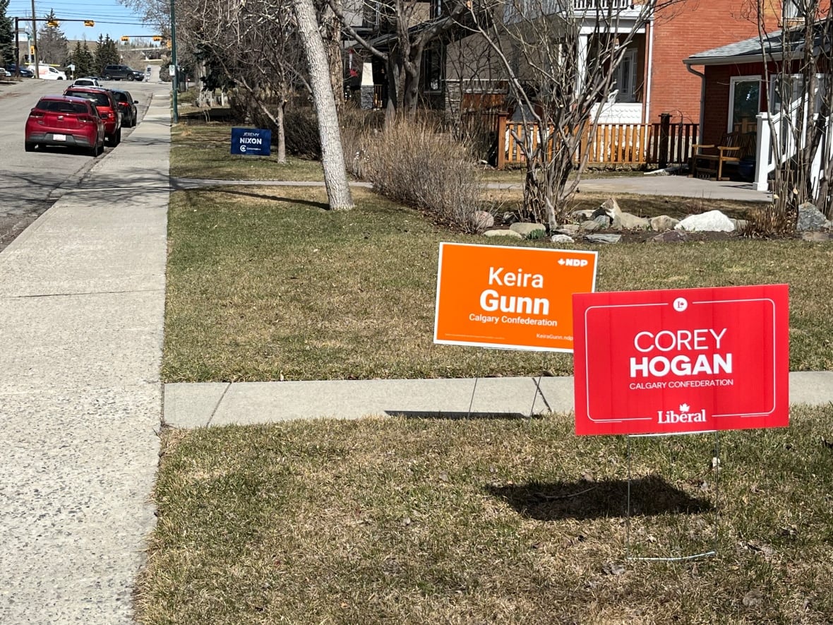 a lawn with two signs