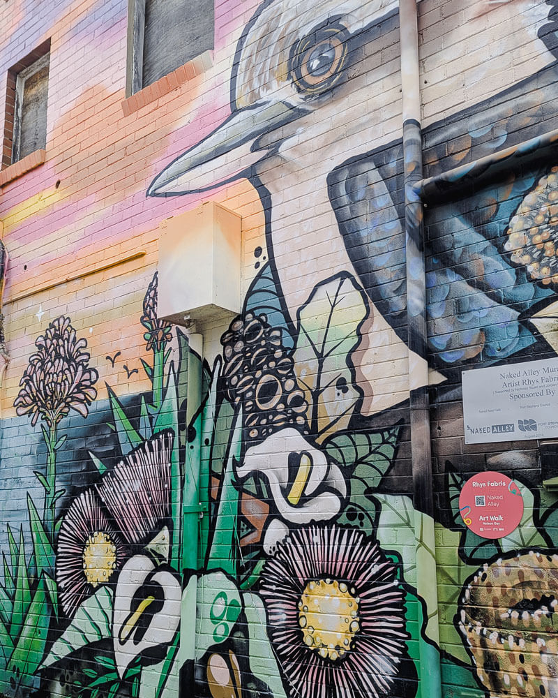 Nature inspired street art mural featuring flowers and a large seabird on a wall in Nelson Bay