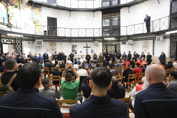Pope Francis meets with inmates in a surprise visit to the Regina Coeli Prison on Holy Thursday, April 17, 2025, in Rome. Credit: Vatican Media