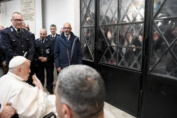 Pope Francis meets with inmates in a surprise visit to the Regina Coeli Prison on Holy Thursday, April 17, 2025, in Rome. Credit: Vatican Media