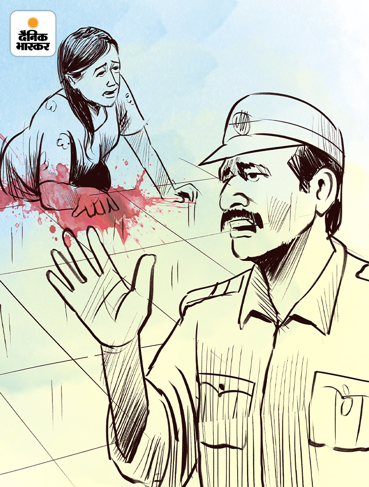 फर्श पर सोनिया लेटी हुई थी। उसके मुंह से झाग निकल रहा था। वह बार-बार पति को कॉल करने के लिए कह रही थी। स्केच- संदीप पाल