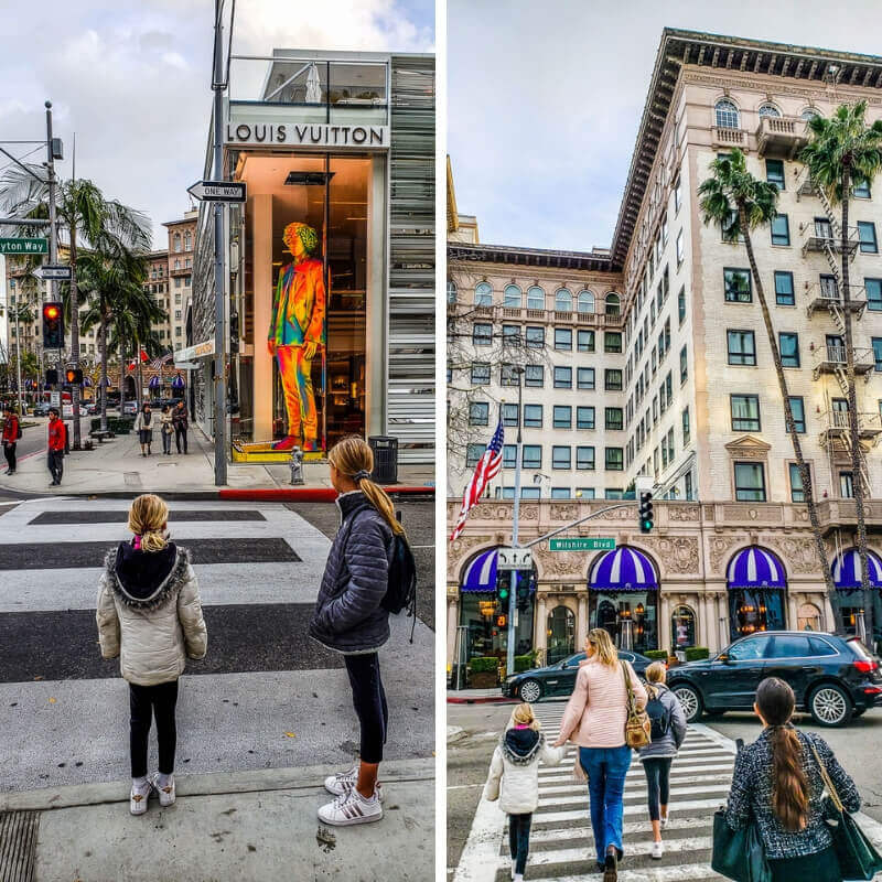 family walking down Rodeo Drive in Beverly Hills, California