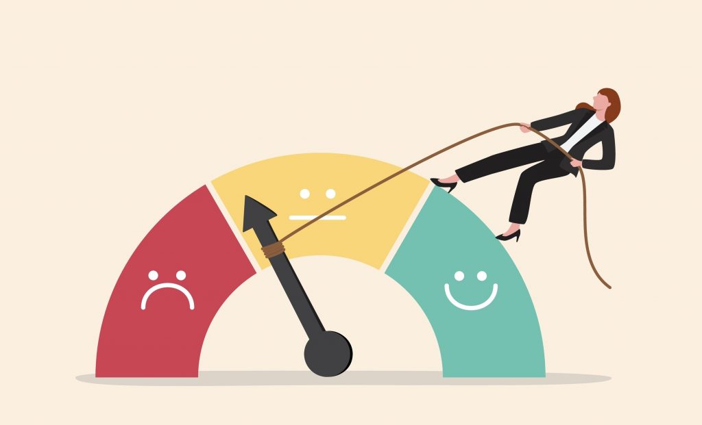 Performance rating or customer feedback, credit score or satisfaction measurement, quality control or improvement concept, strong businesswoman pull the string to make rating gauge to be excellent.