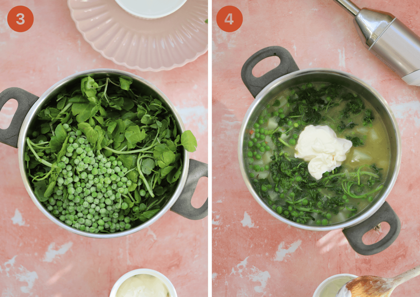 Adding the watercress, peas and creme fraiche to the pan.