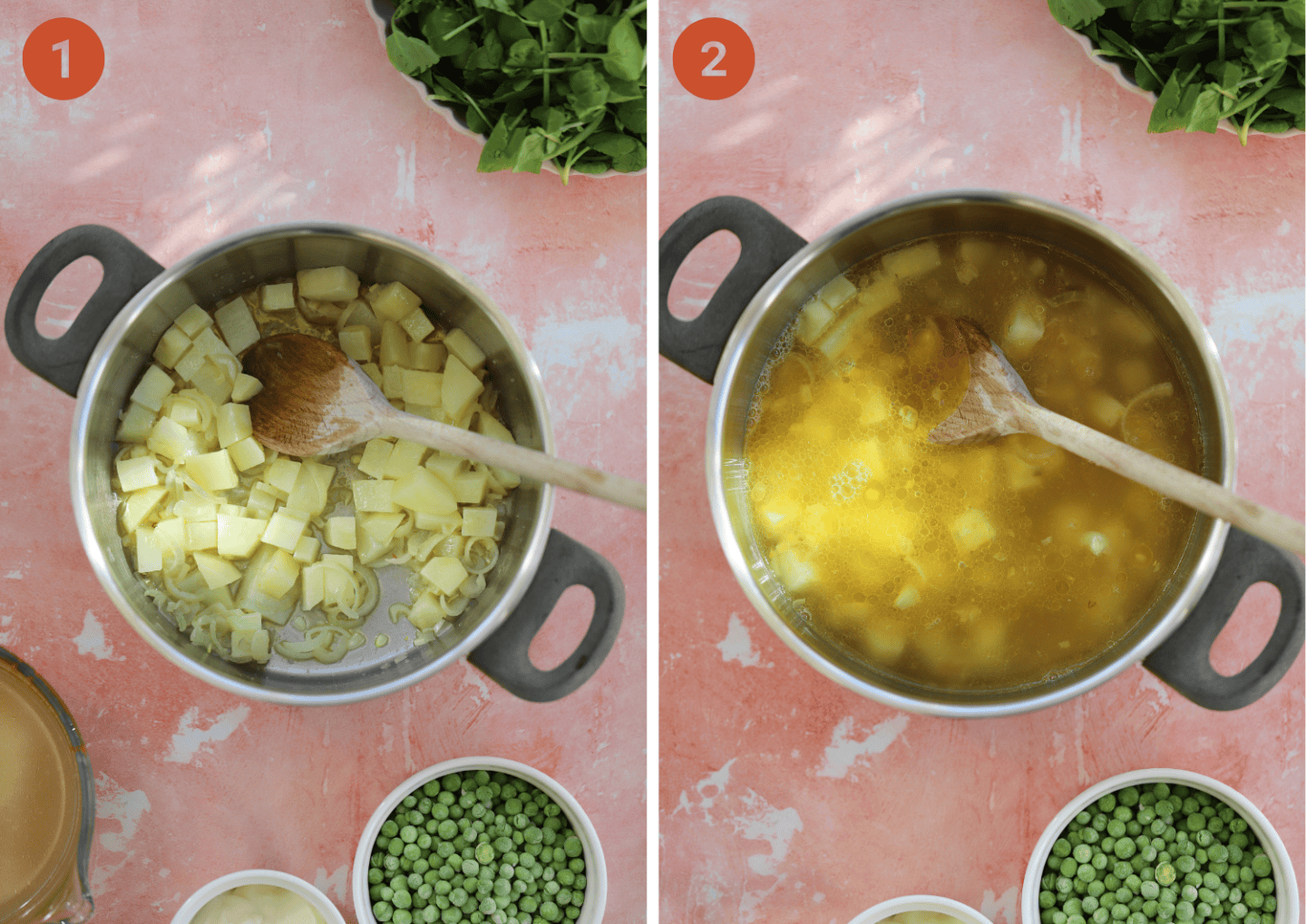 Frying potato and shallots in a pan and (right) with vegetable stock added.