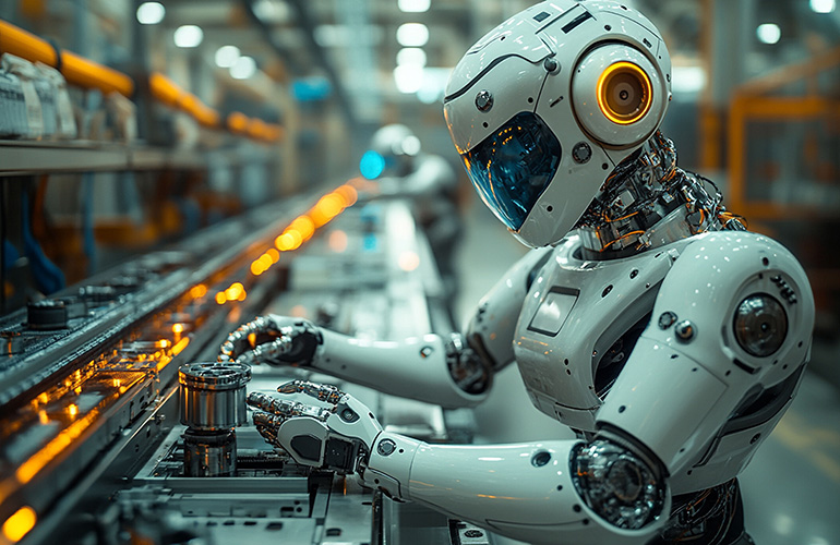 Advanced robot working on an assembly line in a modern factory.
