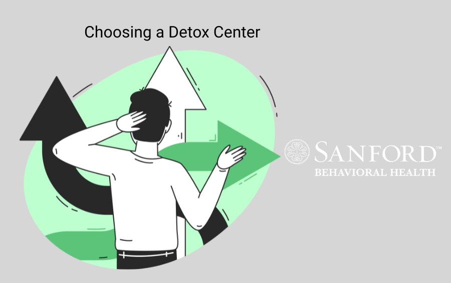 graphic of man with arrows choosing a detox center