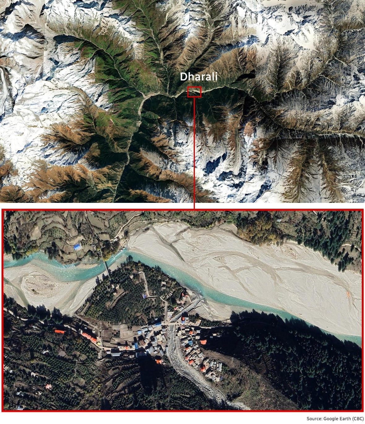 Two satellite map views stacked vertically. The upper image shows mountain ridges and glaciers, while in the centre of the image is the village name Dharali inside a red box with line stretching down to the lower image. The lower image shows a closer view of the location, showing a river running (horizontally) through a mountainous valley with buildings situated along another river bed running down toward the bottom of the image. 
