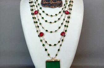 5 Strands 18” White Pearl Green Crystal Chain Necklace Green Agate Pendant