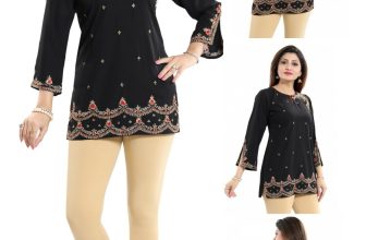 Women Ethnic Top Short Black Embroidery Kurtis Top Tunic Kurta Shirt Dress BD411