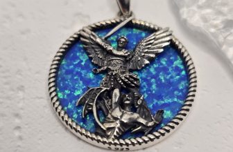 Saint Michael Archangel 925 Sterling Silver Opal Inlay Angel Pendant Catholic
