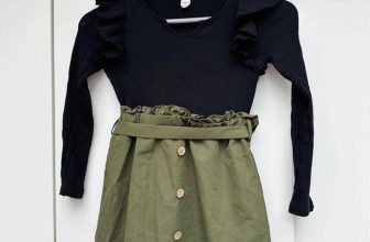 Girls Khaki Green Button one piece Dress Stitched Black top Size 8 Age Shein