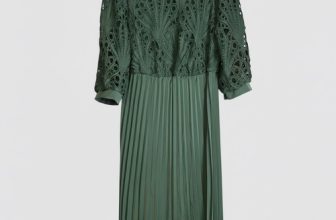 Shein Curve 1XL Emerald Green Lace Overlay Pleated Midi Dress Belted NWOT