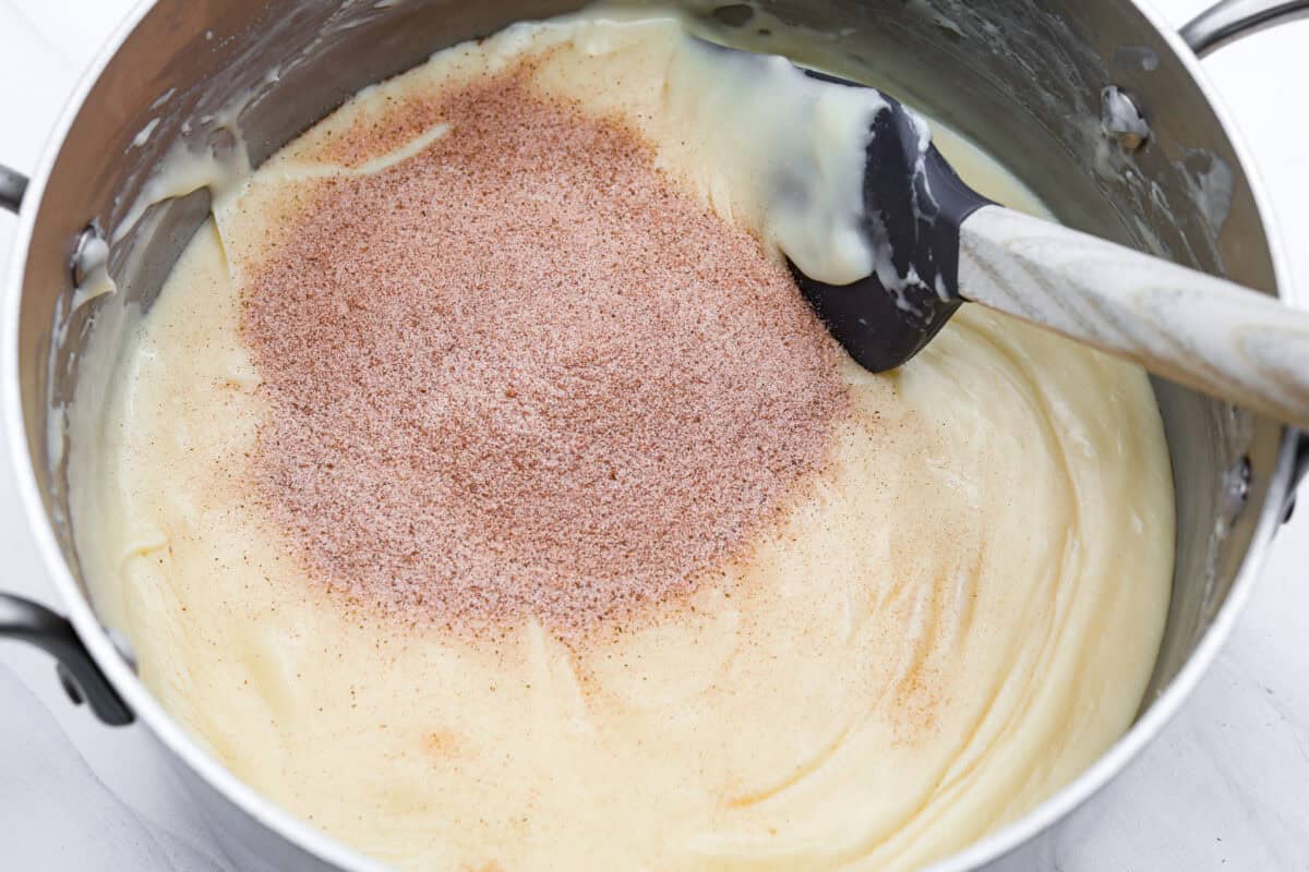 Cinnamon and sugar added to the melted chocolate mixture.