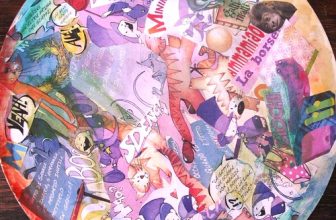 Round collage & lettering art made by a 9yrs old child with mixed technique