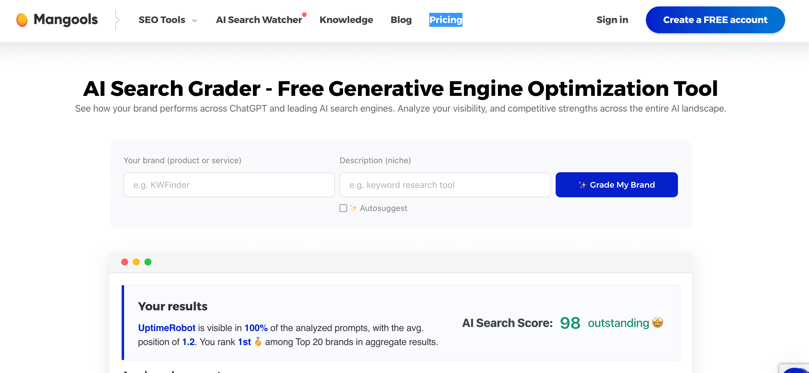 AI Search Grader landing page on the Mangools website