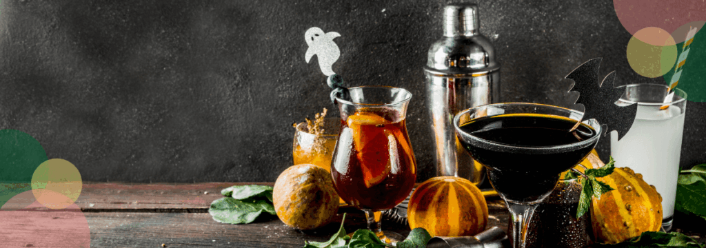 Best Drinks for Sober October banner showing fall mocktails—dark coupe, orange cider, and clear fizz—with pumpkins and spooky picks.