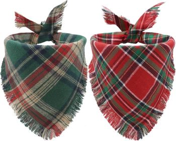 2PCS Christmas Dog Bandanas Plaid Two-Sided