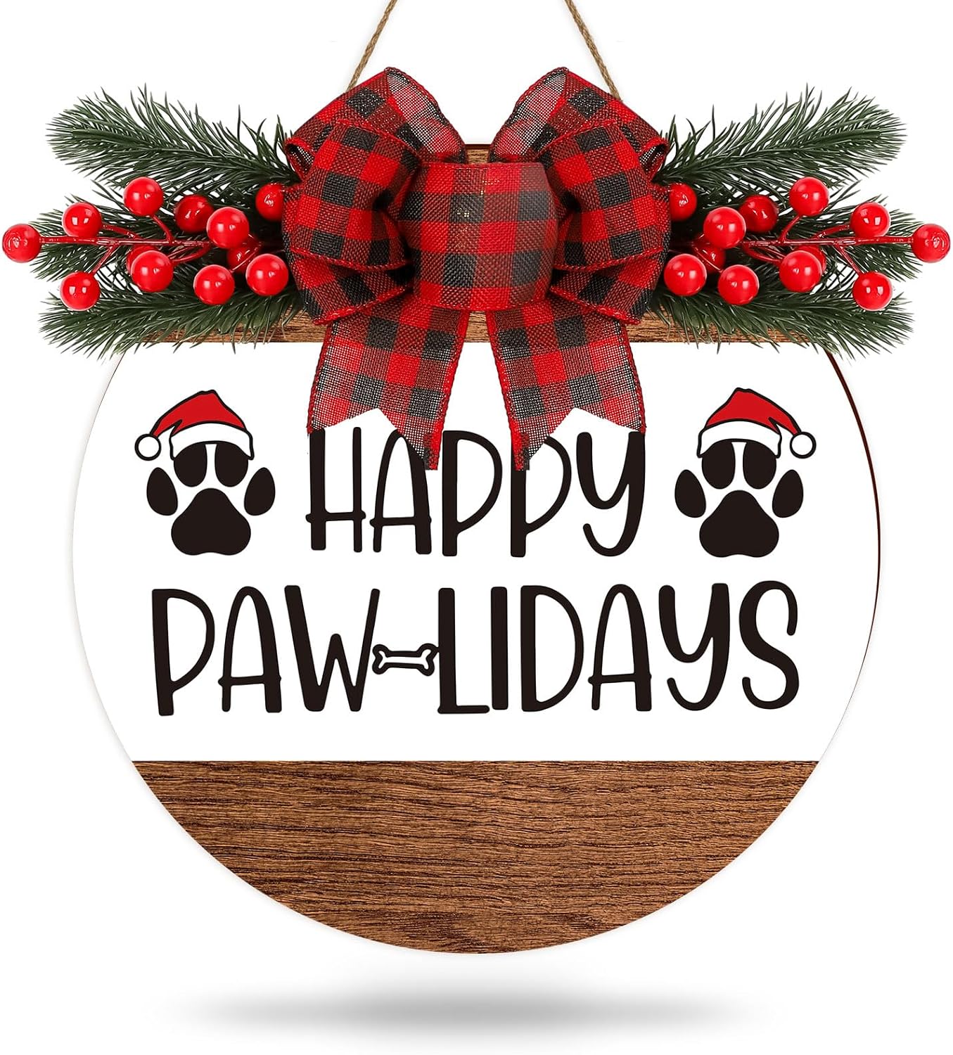 Whaline Christmas Wooden Hanging Sign with Bow Berries