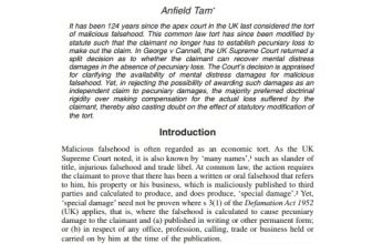 Anfield Tam on The Tort of Malicious Falsehood and Mental Distress Damages (Torts Law Journal)