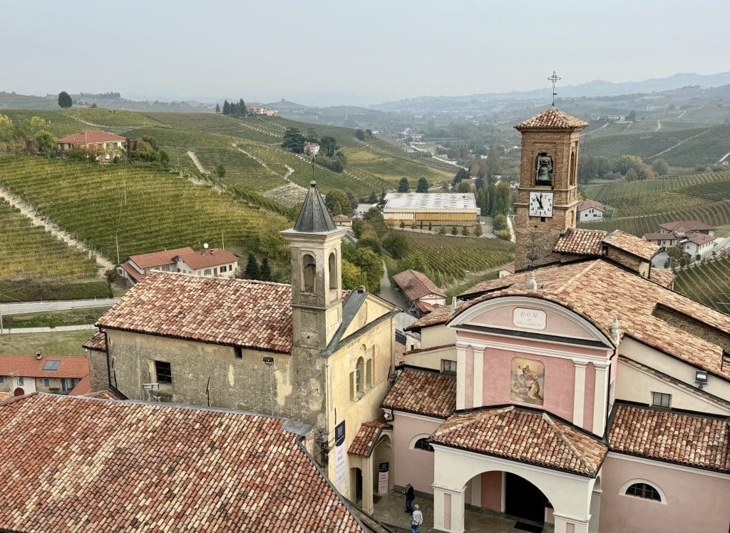 A small Italian town with churches poking their steeples above the vineyard-covered countryside