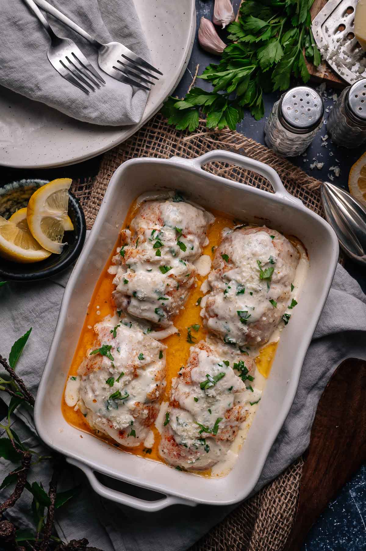 Crab stuffed flounder fillets topped with white wine sauce and chopped herbs in a white rectangular baking dish, surrounded by lemon slices, parsley, and kitchen utensils.