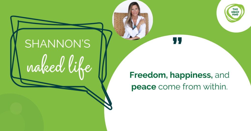 green background for the dark side of alcohol - Shannon's Naked Life - image of Shannon caucasian woman in a white jacket and blue shirt smiling at the camera - quote - Freedom, happiness, and peace come from within.