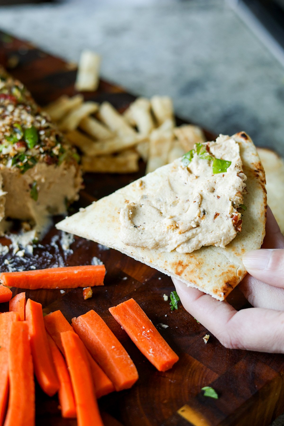 pita spread with holiday cheese log