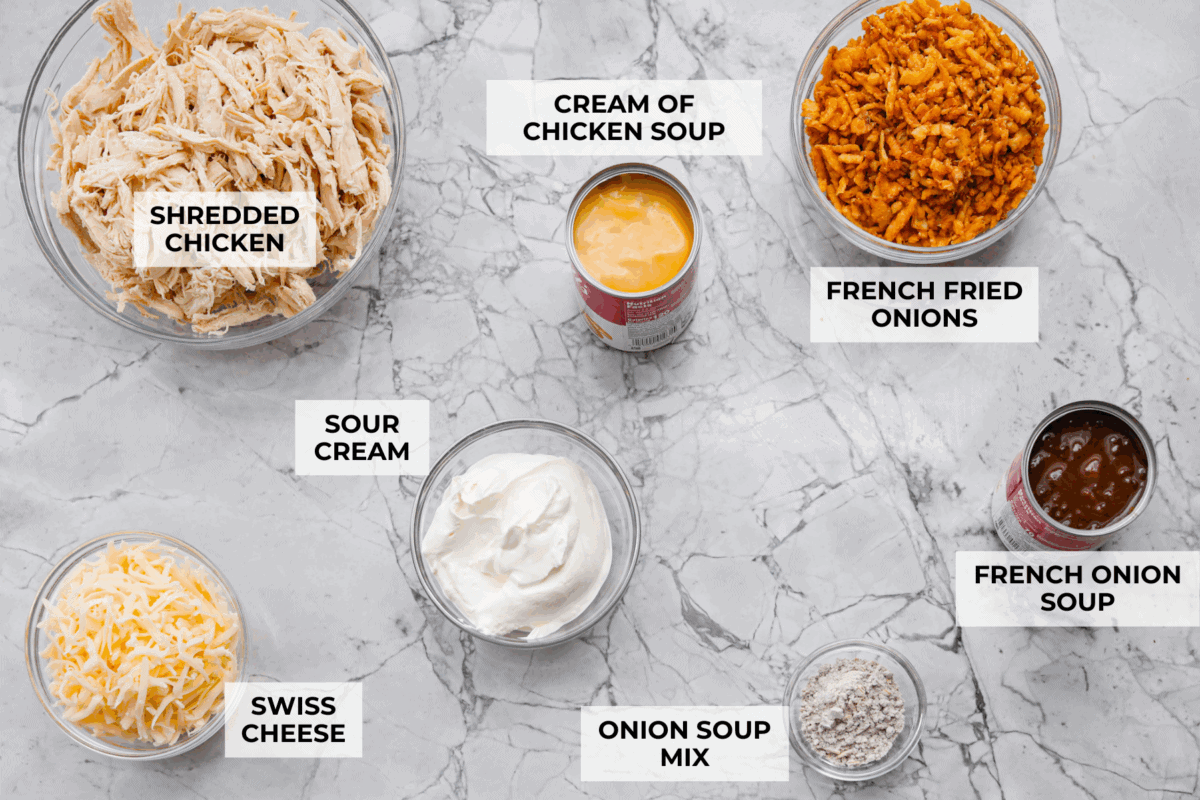 Creamy, cheesy, and packed with shredded chicken, this French onion chicken casserole is comfort food at its best! Inspired by French onion soup and dip, it’s topped with crispy fried onions for a crunchy finish. Overhead shot of labeled ingredients.
