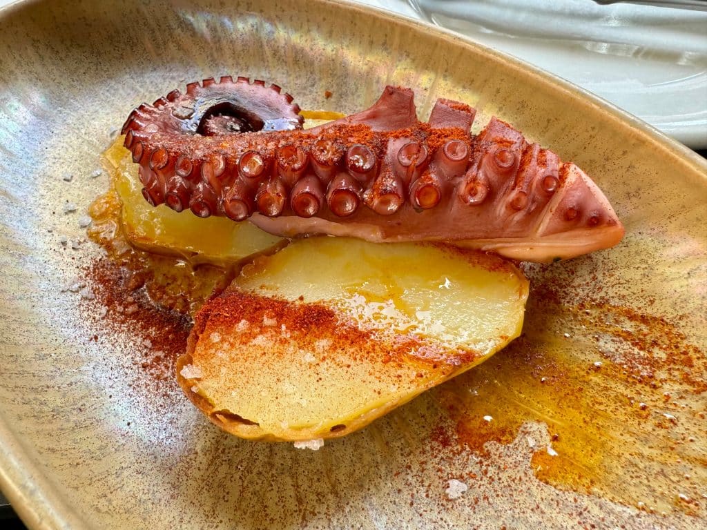 A perfectly cooked octopus tentacle on a paprika-streaked potato.
