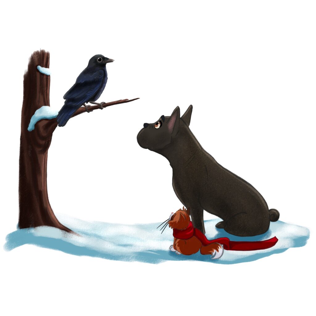 Pax and Huey ask Melvin the crow for help | The Children's Book Review Pax and Huey talking with Melvin the crow