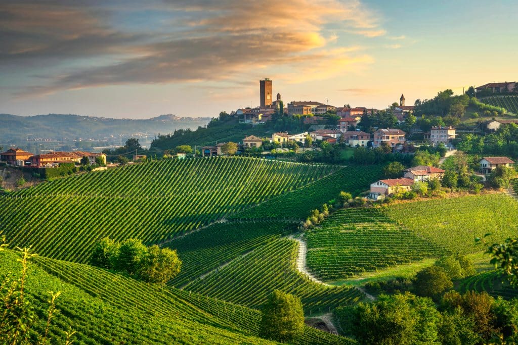 A tiny Italian hilltop village above endless vineyards.