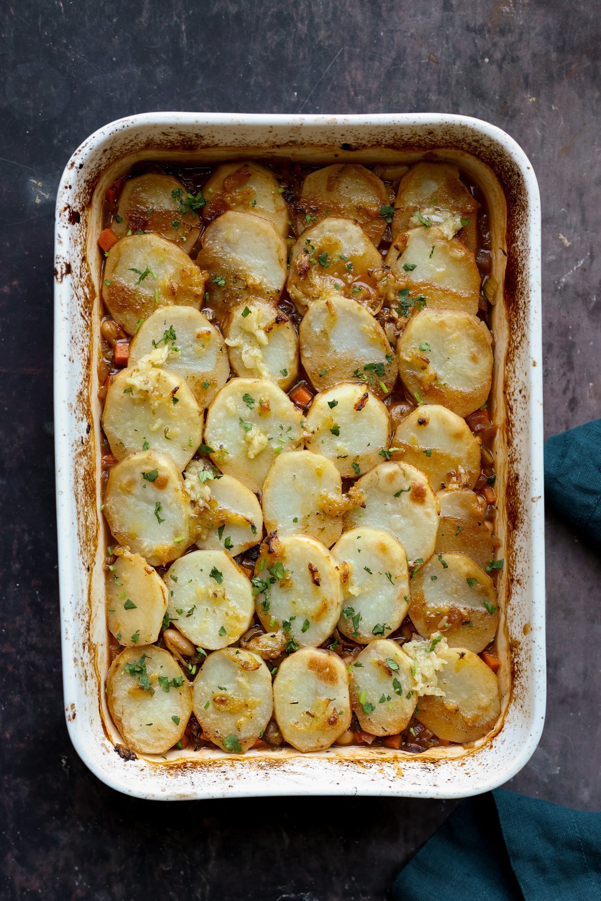 mushroom potato casserole in the pan after baking