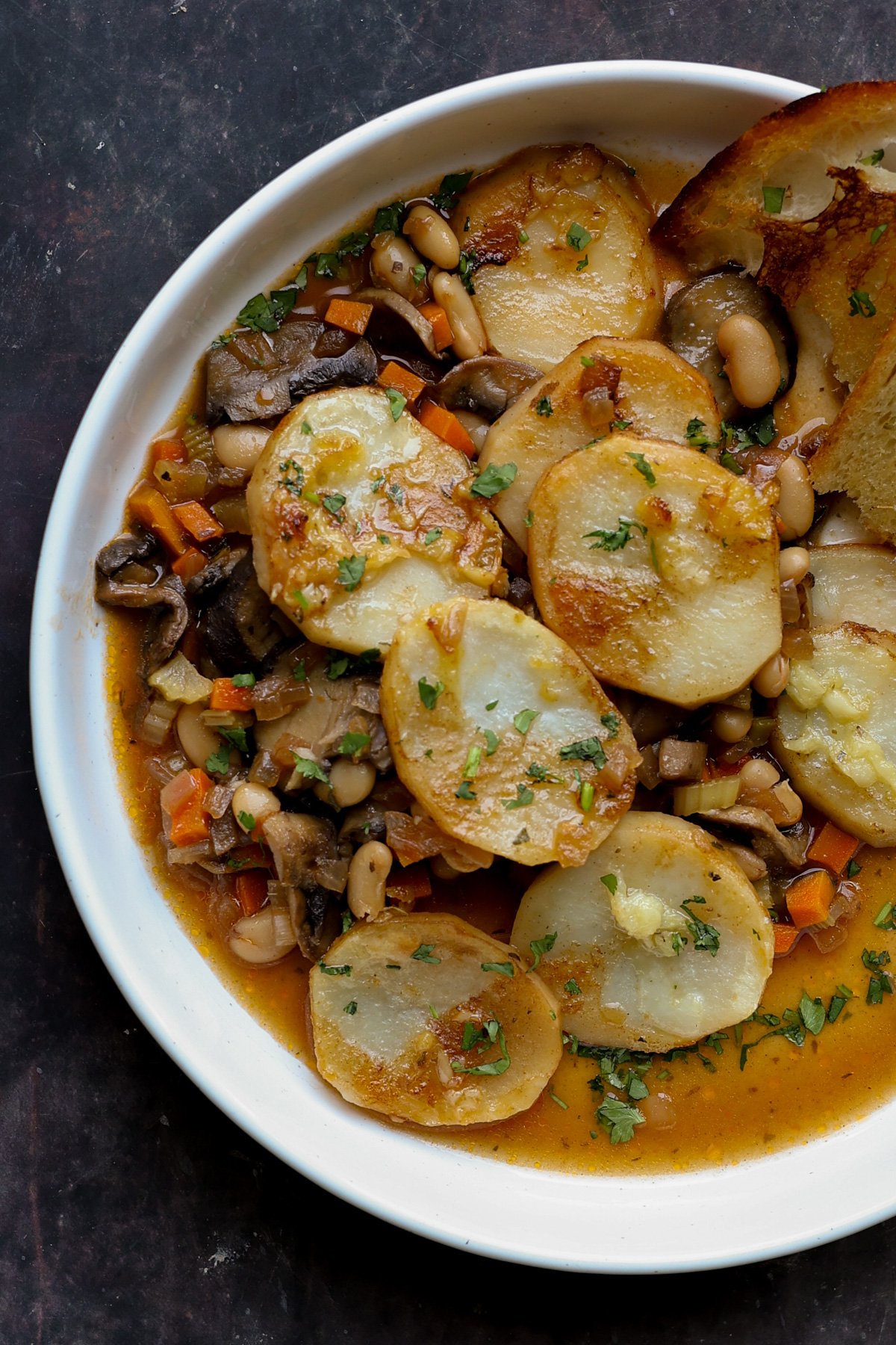 mushroom potato casserole in a bowl