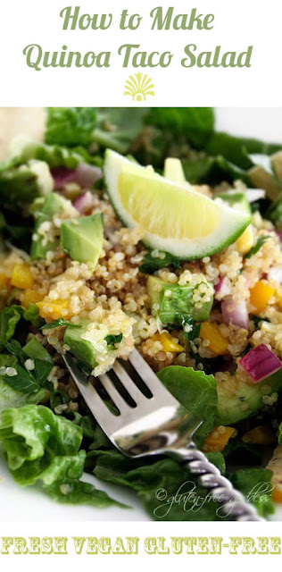 Karina's quinoa taco salad recipe with avocado and lime- gluten-free, vegan, flavorful and light. Fresh!