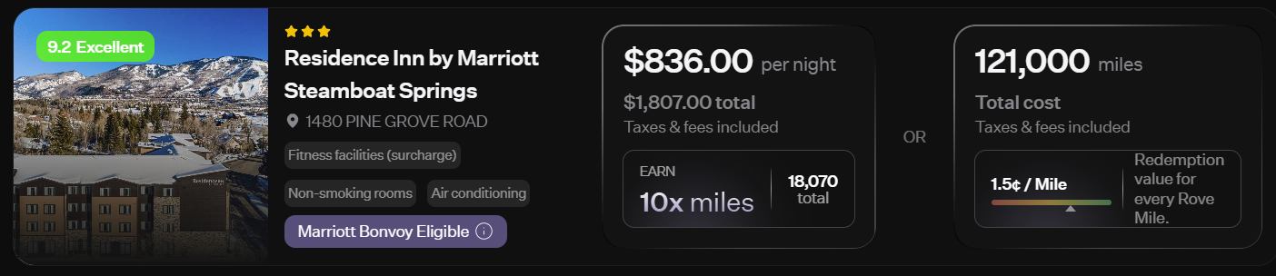 Rove Marriott Steamboat rates in cash and miles