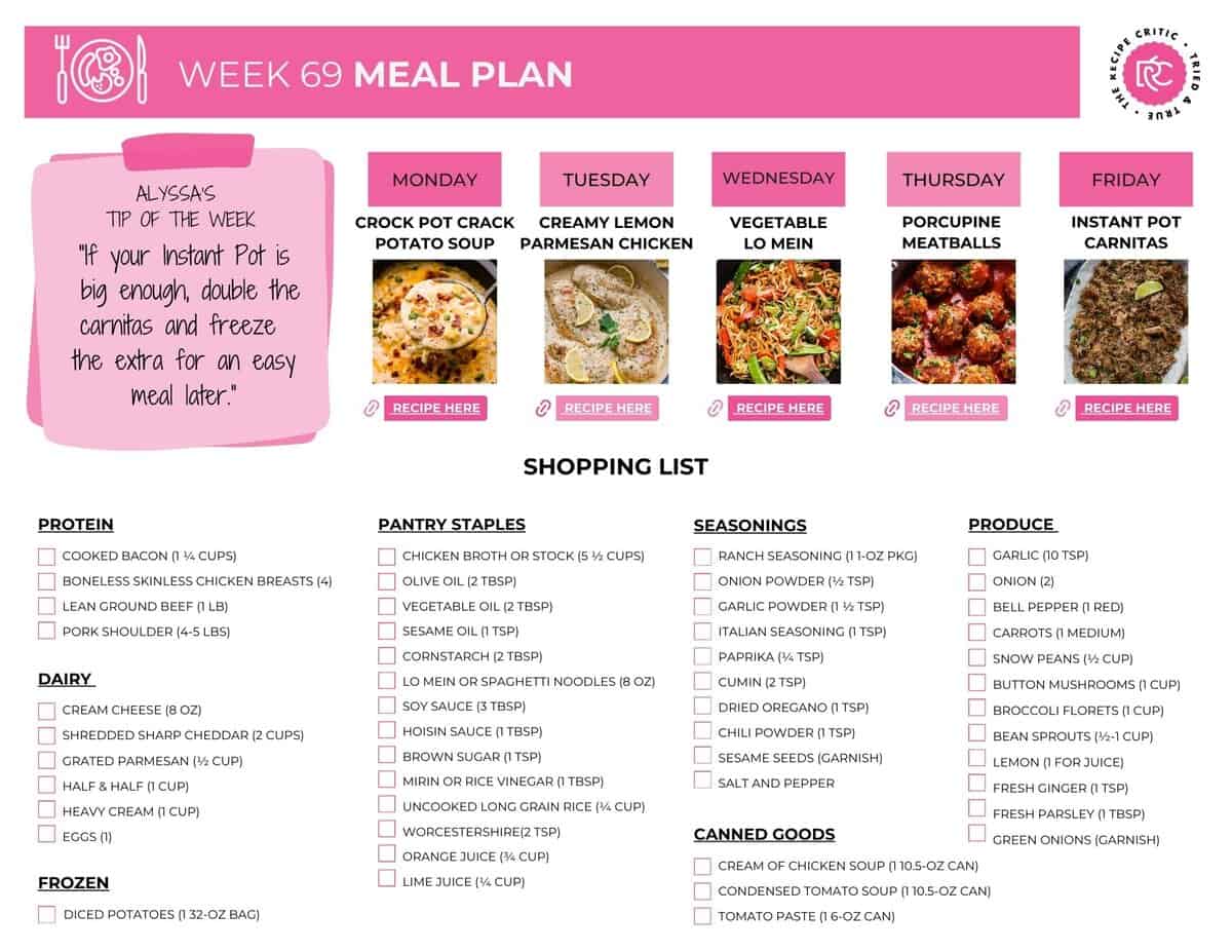 Image of the printable shopping list for this weekly meal plan. 