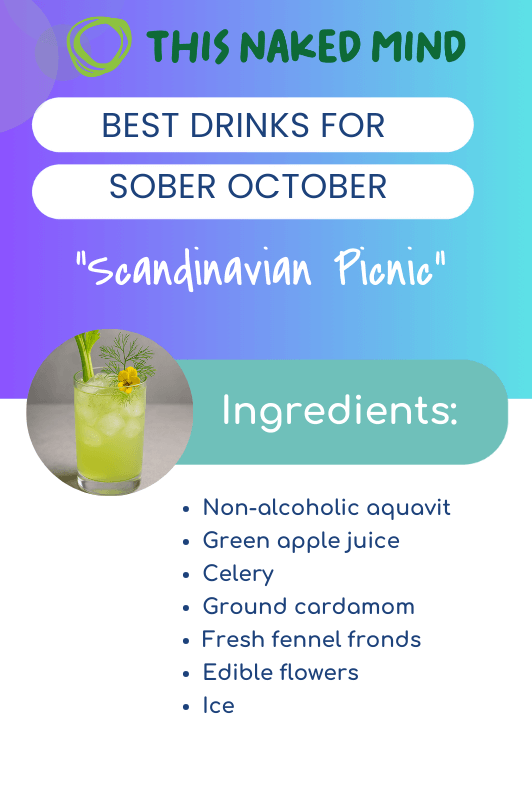 This Naked Mind poster titled Best Drinks for Sober October – Scandinavian Picnic, showing a pale-green mocktail and an ingredients list.