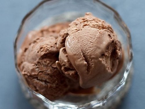 chocolate ice cream in glass bowl.