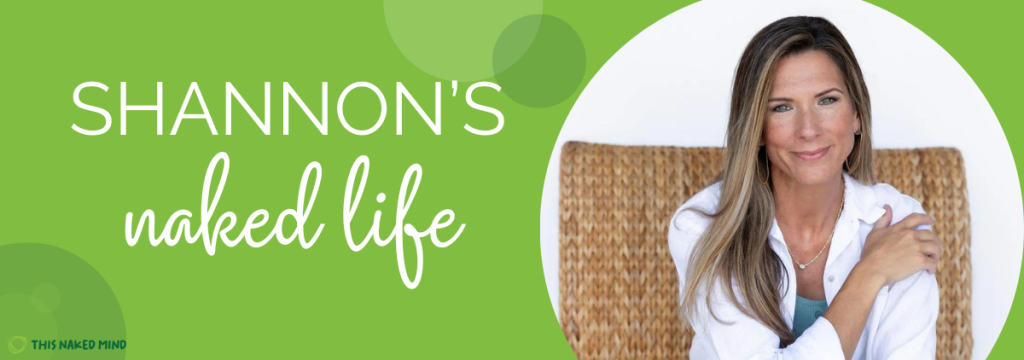 green background for the dark side of alcohol - Shannon's Naked Life - image of Shannon caucasian woman in a white jacket and blue shirt smiling at the camera