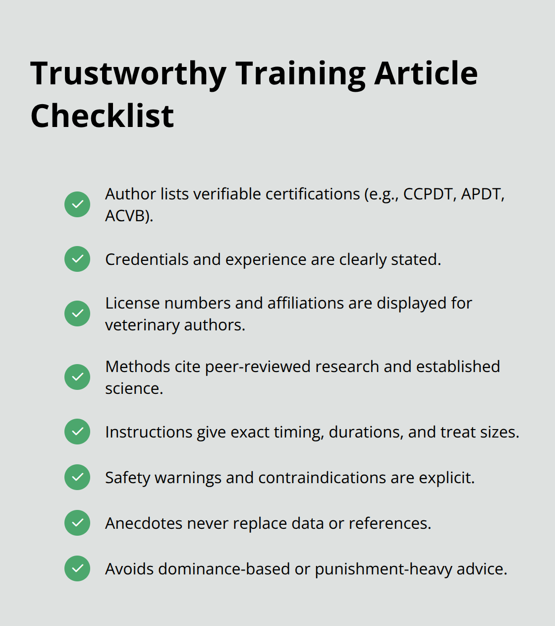 Checklist of features that make a dog training article reliable - dog training articles