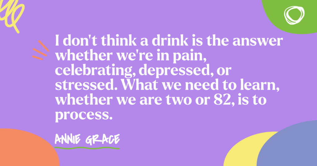 Quote graphic on a purple background with abstract shapes and This Naked Mind logo: ‘I don't think a drink is the answer whether we're in pain, celebrating, depressed, or stressed. What we need to learn, whether we are two or 82, is to process.’ — Annie Grace