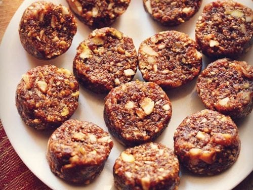 dry fruit barfi on white plate.