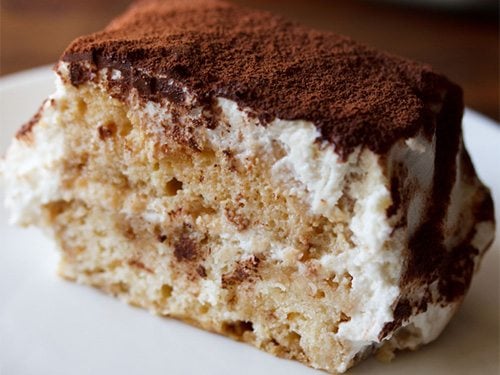 close up shot of a tiramisu slice.