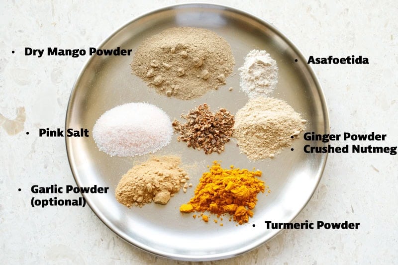 Various ground spices arranged on a steel plate with text layovers.